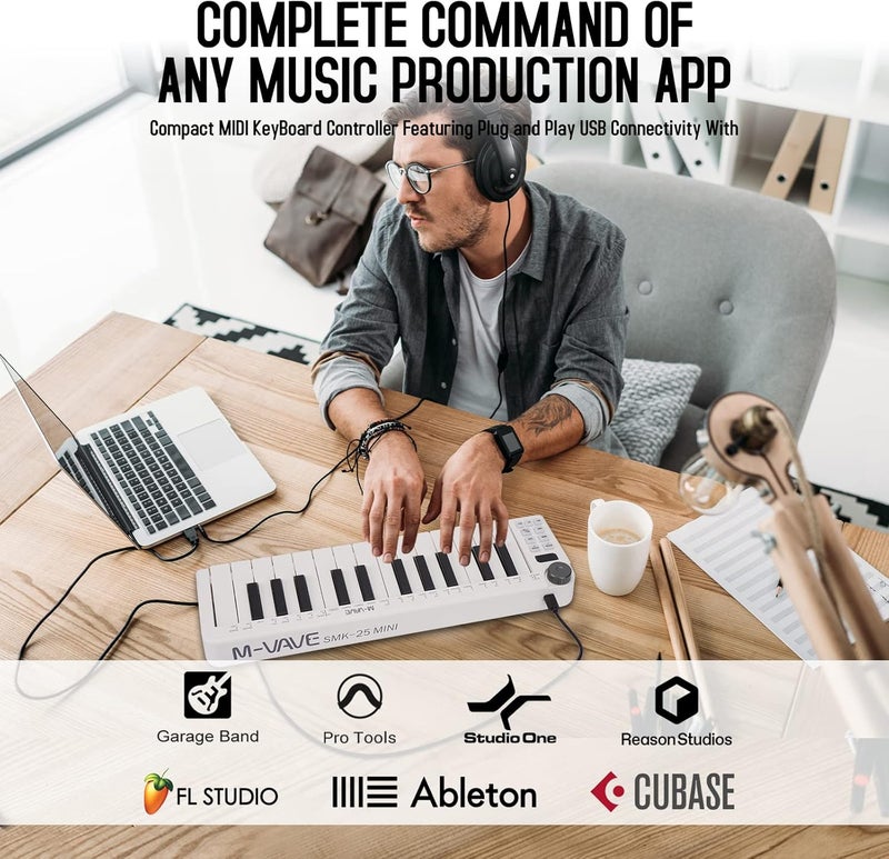 M-VAVE 25 مفتاح بلوتوث USB MIDI لوحة مفاتيح تحكم، محمولة وقابلة للشحن، تحكم MIDI لجهاز Mac و PC، إنتاج موسيقي على لوحة مفاتيح ديناميكية، أوضاع أكورد و سكيل، برنامج متضمن (صغير) - Image 2